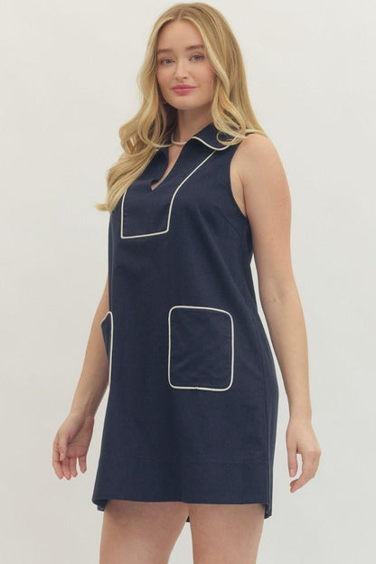 Contrast Front Pocket Sleeveless Mini Dress