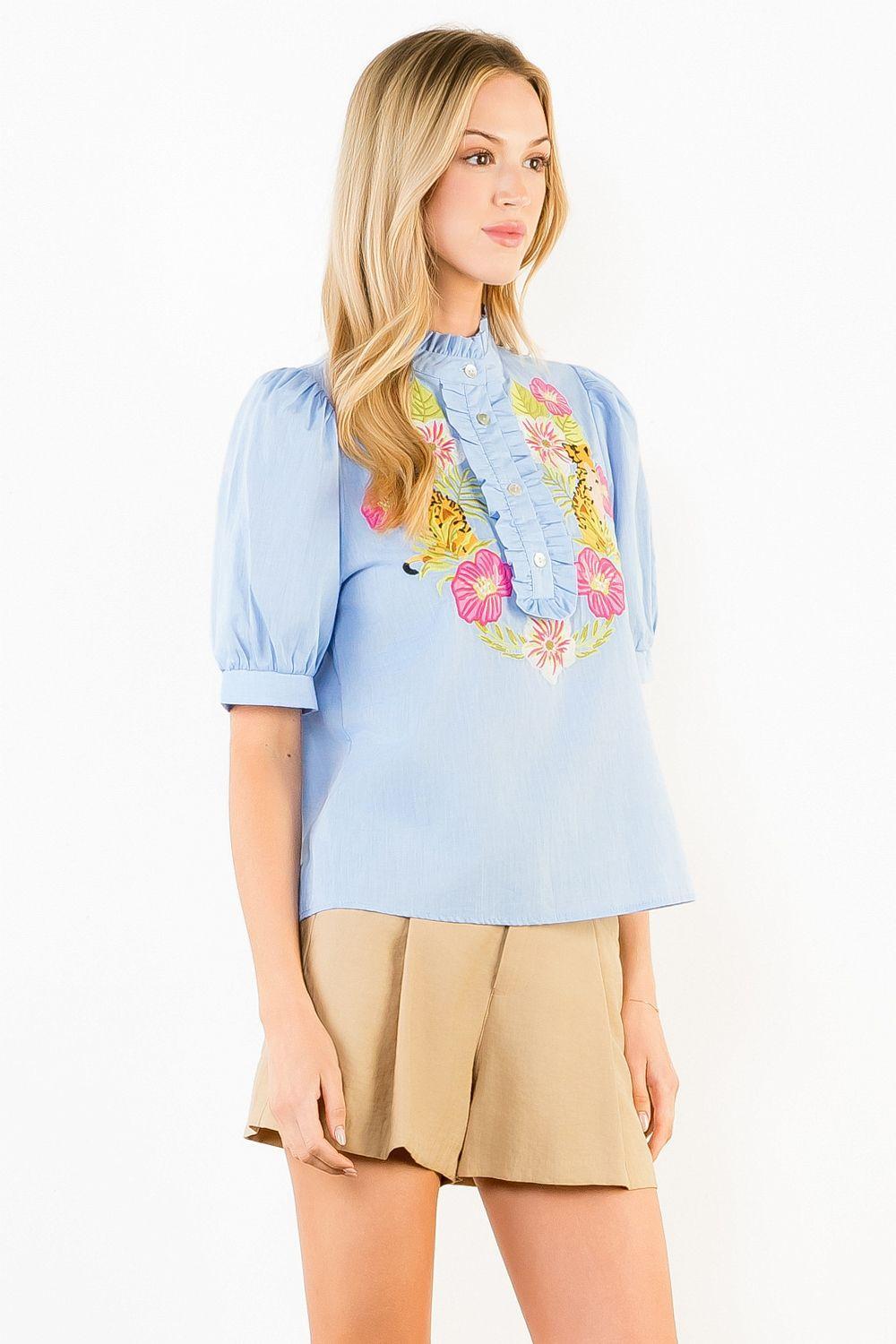 Embroidered Top with Ruffled Details