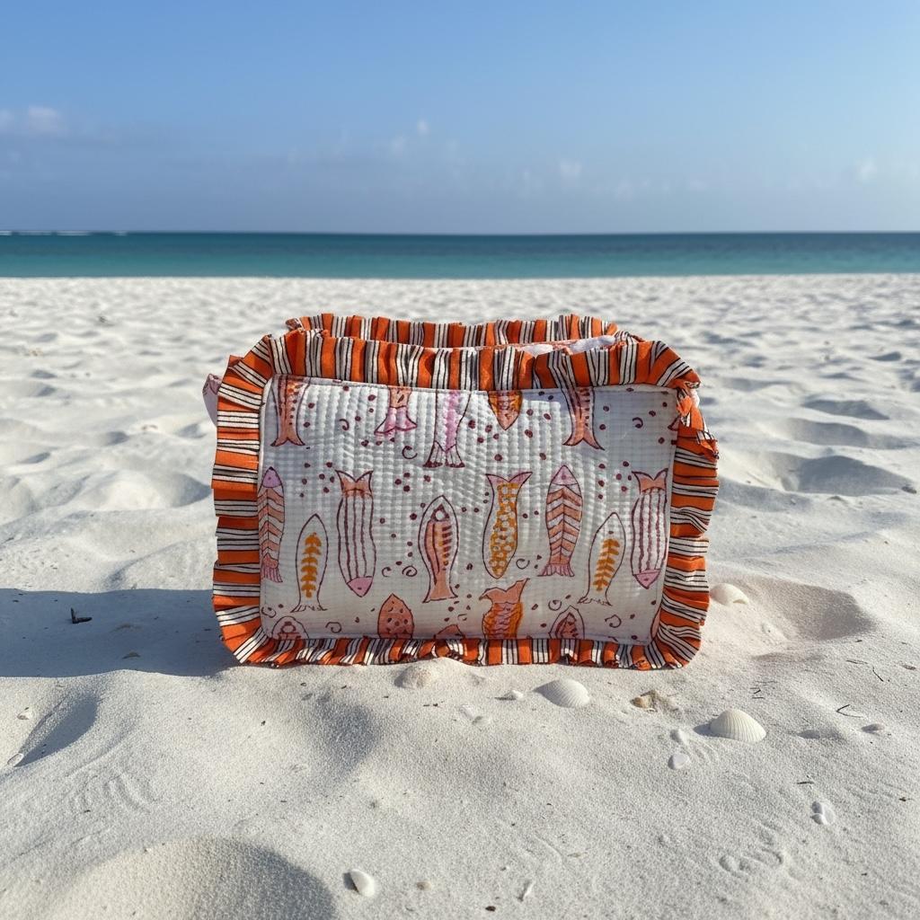 Quilted Ruffle-Trim Cosmetic Bag