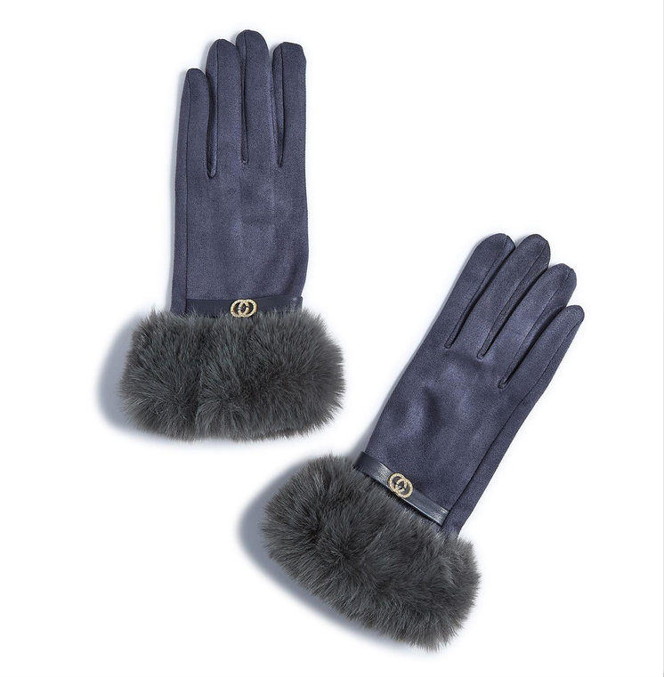 Monroe Glove with Rhinestone Bit and Faux Fur Cuff Microsuede with Touchscreen Fingertips