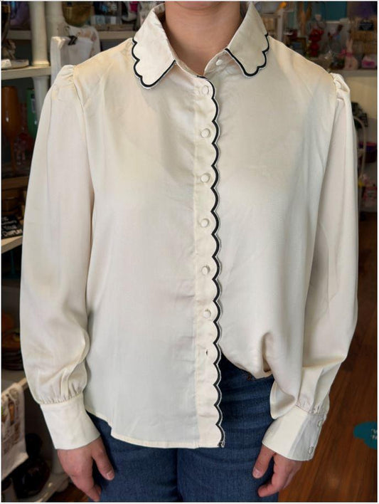 Contrast Scalloped Hem Satin Button Up Shirt