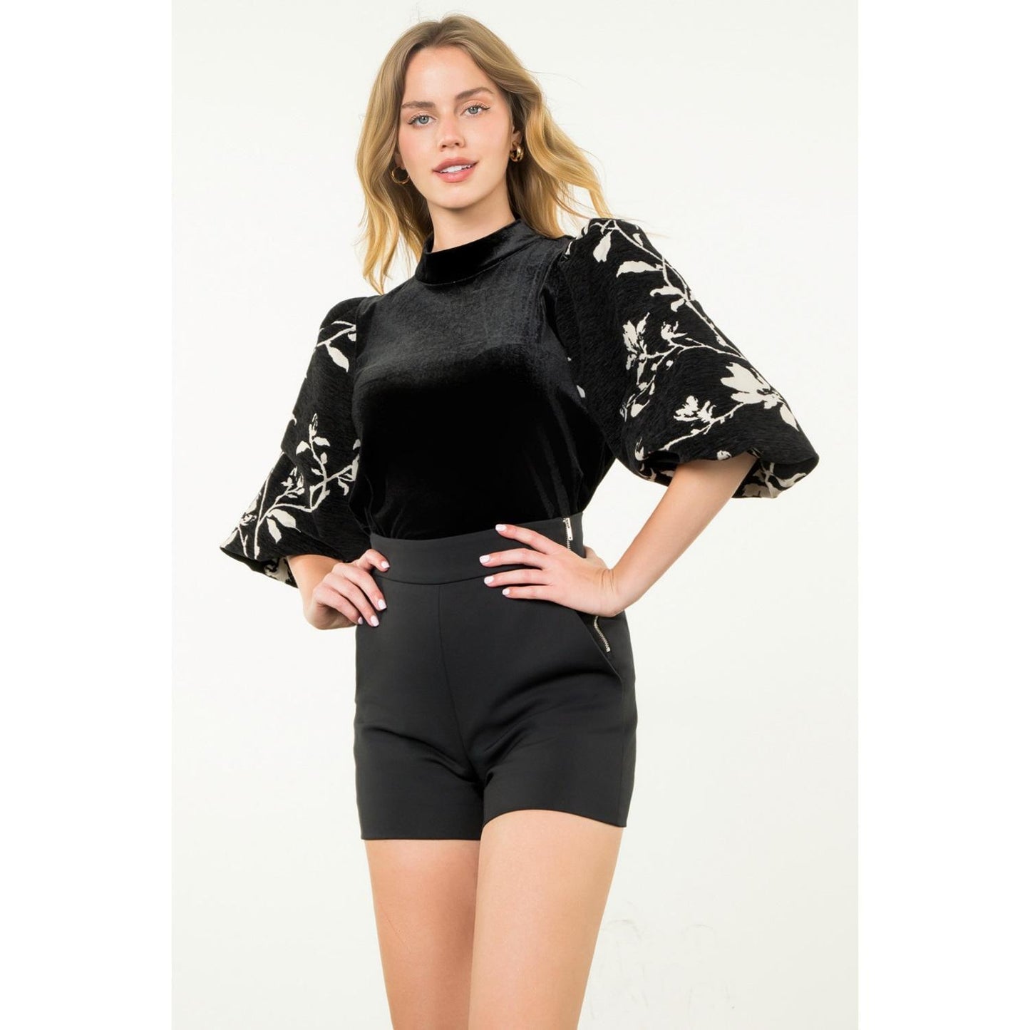 Puff Sleeve Velvet Jacquard Top