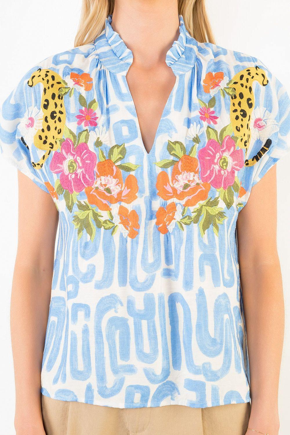 Flower and Cheetah Embroidered Top