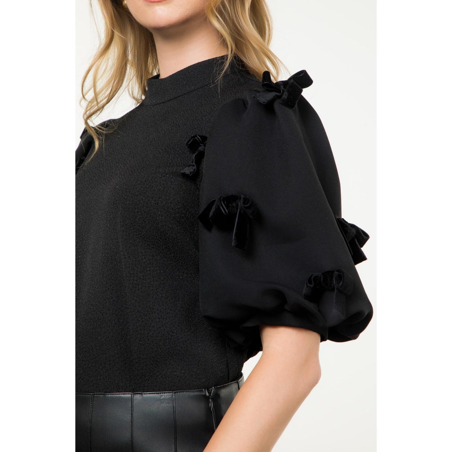 Puff Sleeve Velvet Bow Top