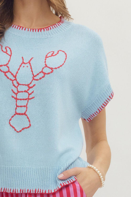 Lobster Embroidered Short Sleeve Knit Top