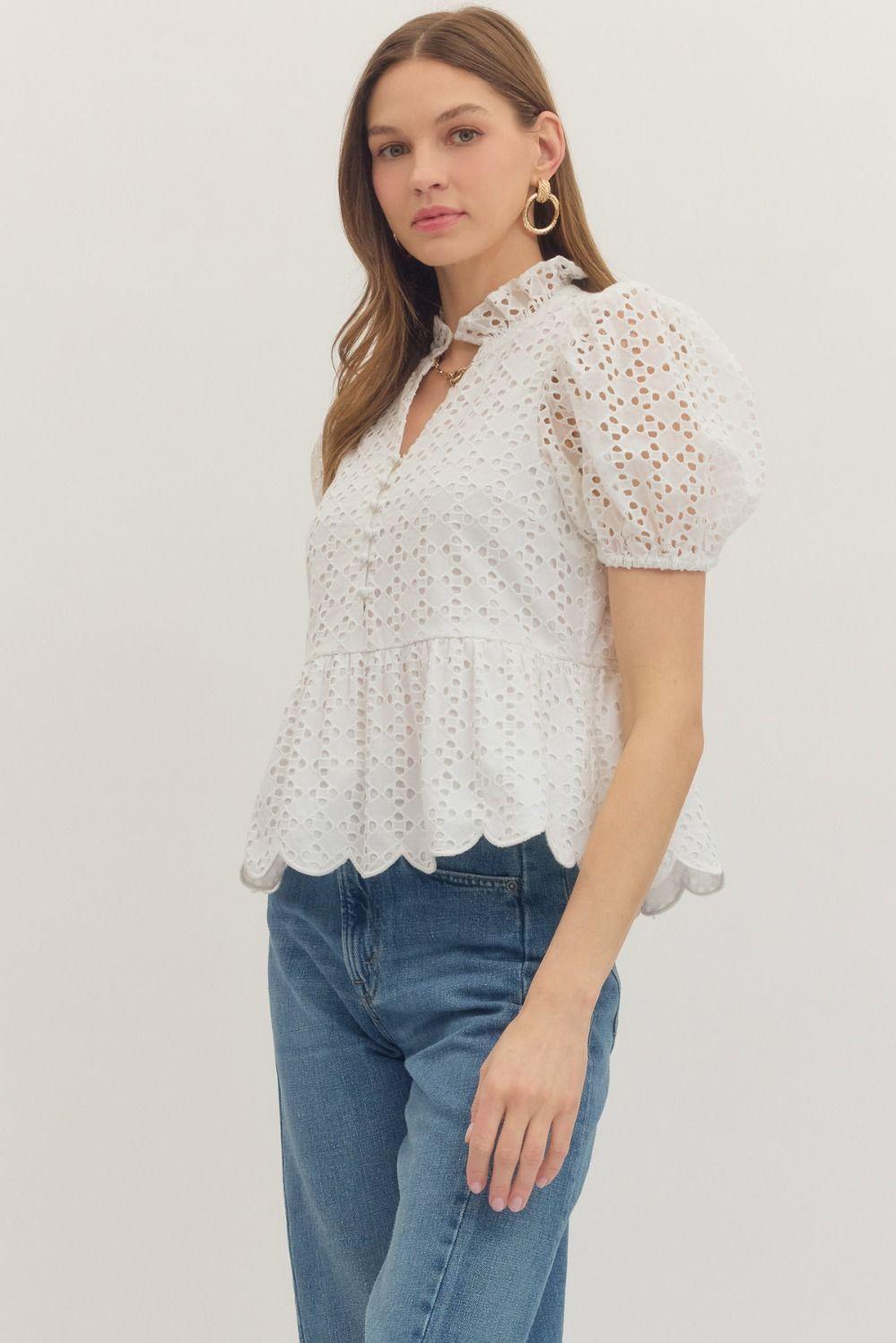 Short Puff Sleeve Eyelet Emroidered Top