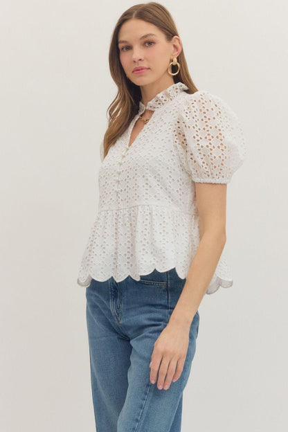 Short Puff Sleeve Eyelet Emroidered Top