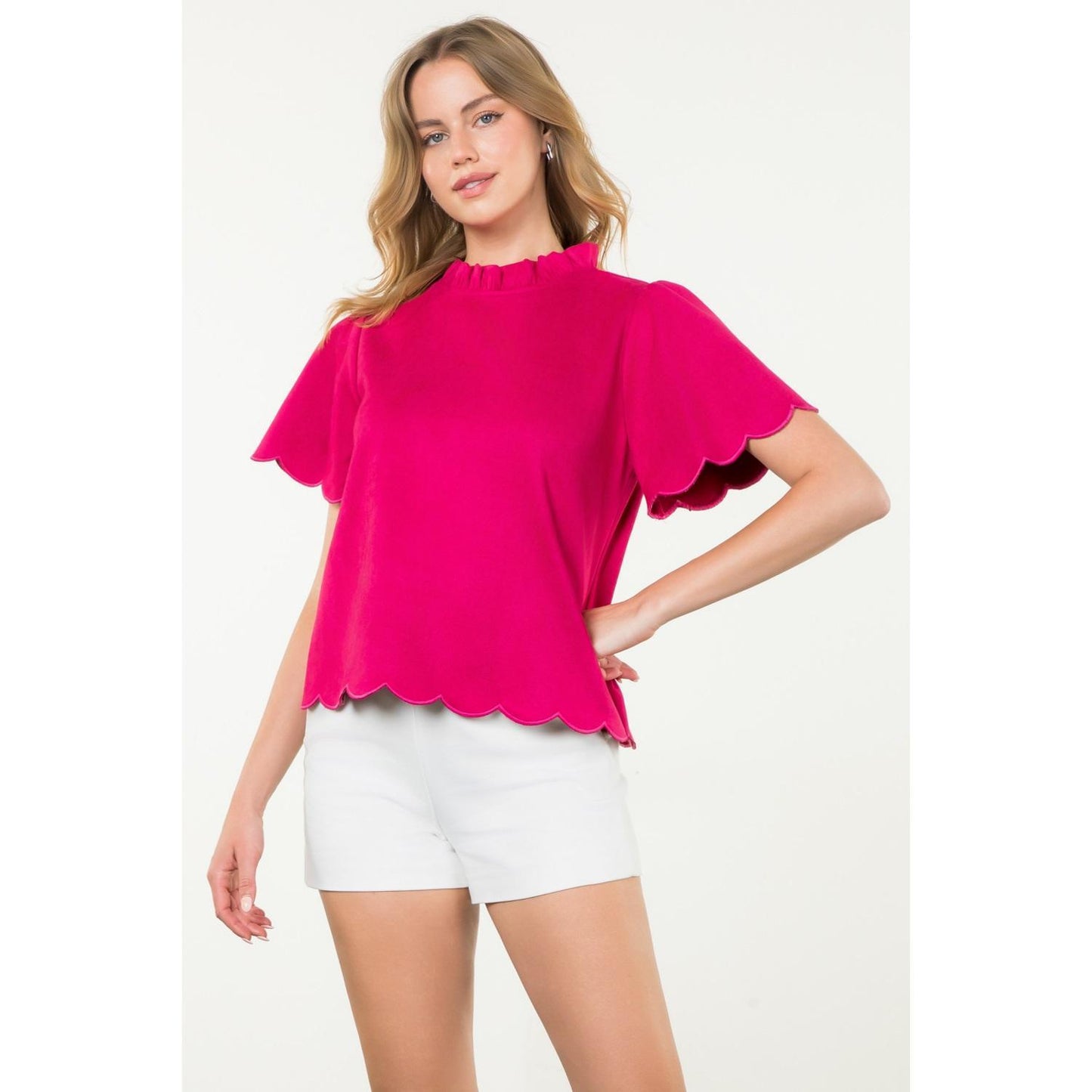 Ruffle Neck Scallop Hem Suede Top