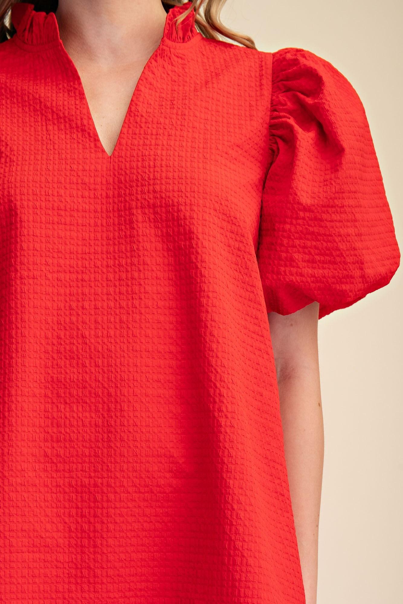 Textured Fabric Ruffle V-Neck Puff Sleeve Mini Dress