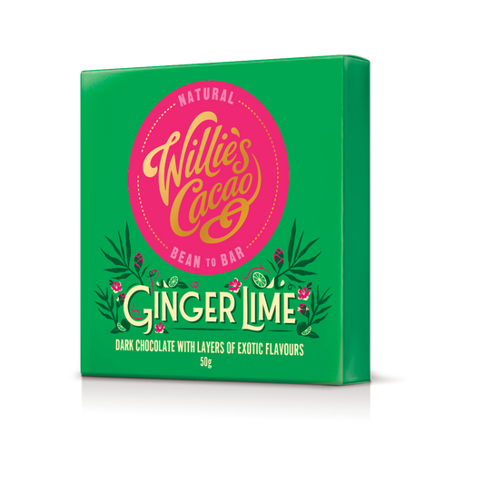 Ginger Lime. Dark chocolate w. ginger & lime. Vegan. 50g bar