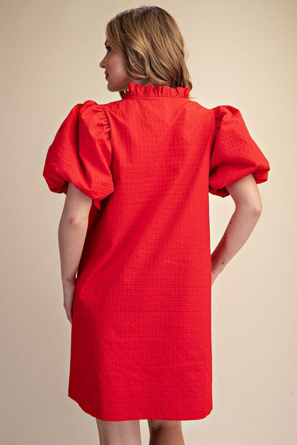 Textured Fabric Ruffle V-Neck Puff Sleeve Mini Dress