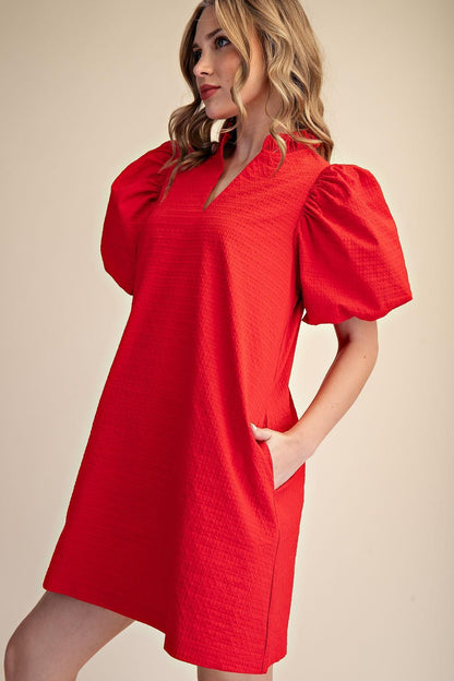 Textured Fabric Ruffle V-Neck Puff Sleeve Mini Dress