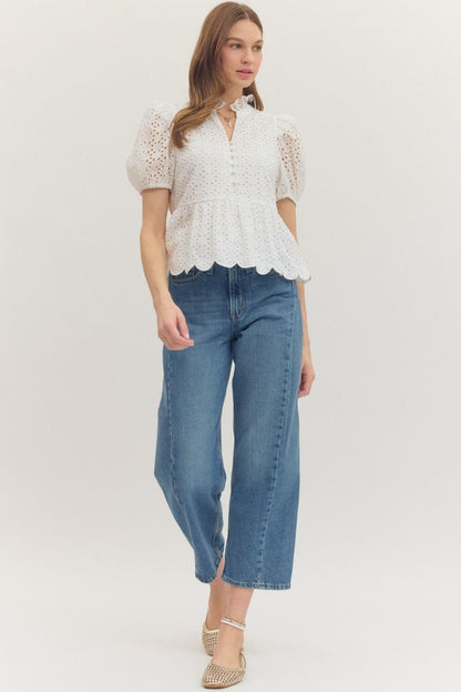 Short Puff Sleeve Eyelet Emroidered Top