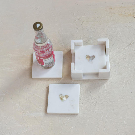 Pearl Heart Inlay Marble Coasters w/ Holder