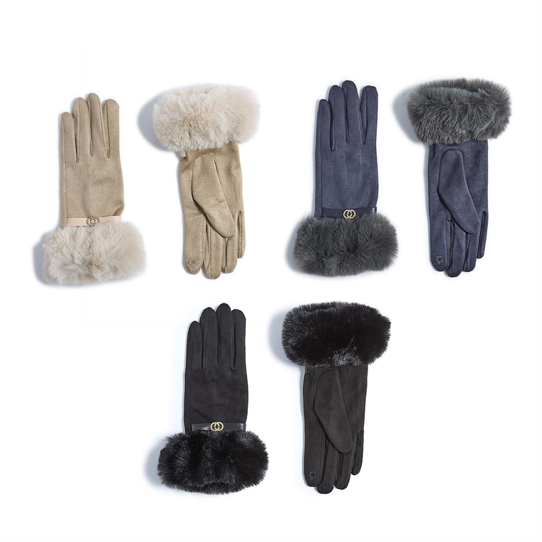 Monroe Glove with Rhinestone Bit and Faux Fur Cuff Microsuede with Touchscreen Fingertips
