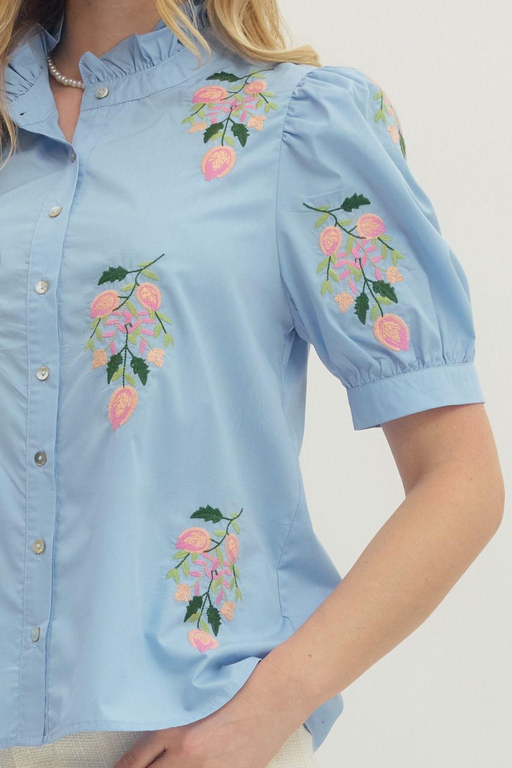 Chambray Solid Short Puff Sleeve Embroidered Top