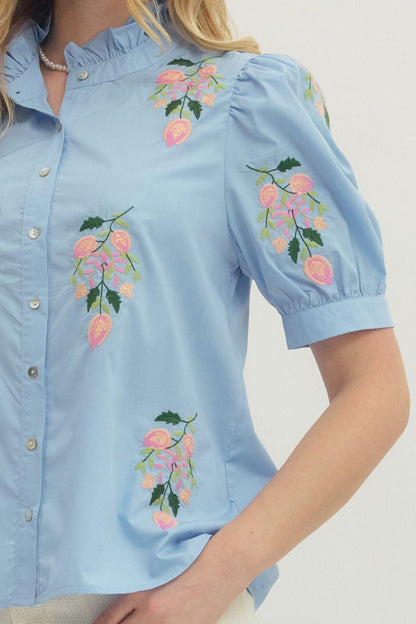 Chambray Solid Short Puff Sleeve Embroidered Top