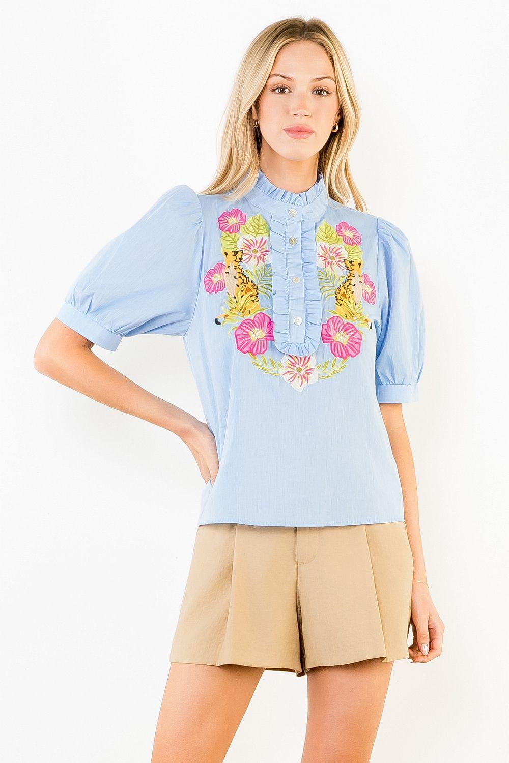 Embroidered Top with Ruffled Details
