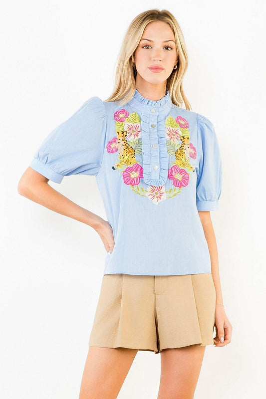 Embroidered Top with Ruffled Details