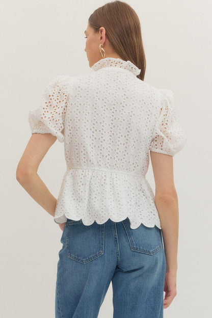 Short Puff Sleeve Eyelet Emroidered Top