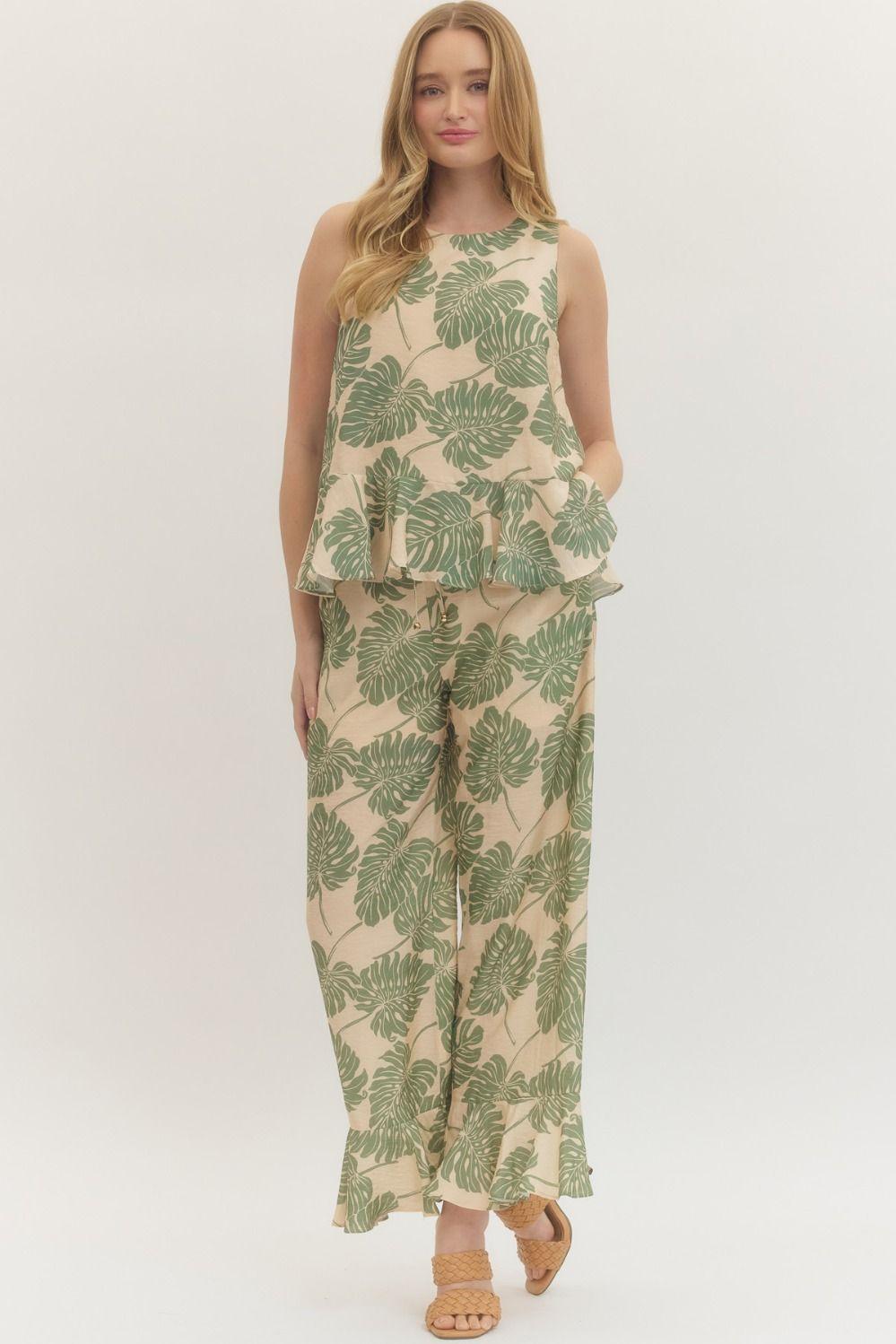 Botanical Print Wide Leg Pants