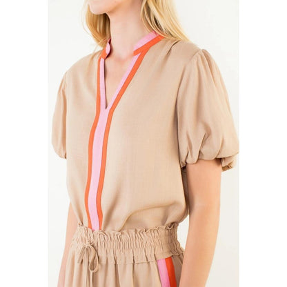 Puff Sleeve Stripe Detail V-Neck Top