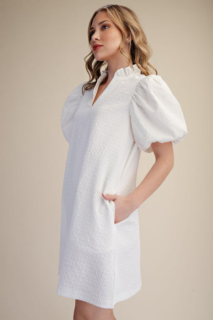 Textured Fabric Ruffle V-Neck Puff Sleeve Mini Dress