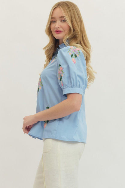 Chambray Solid Short Puff Sleeve Embroidered Top