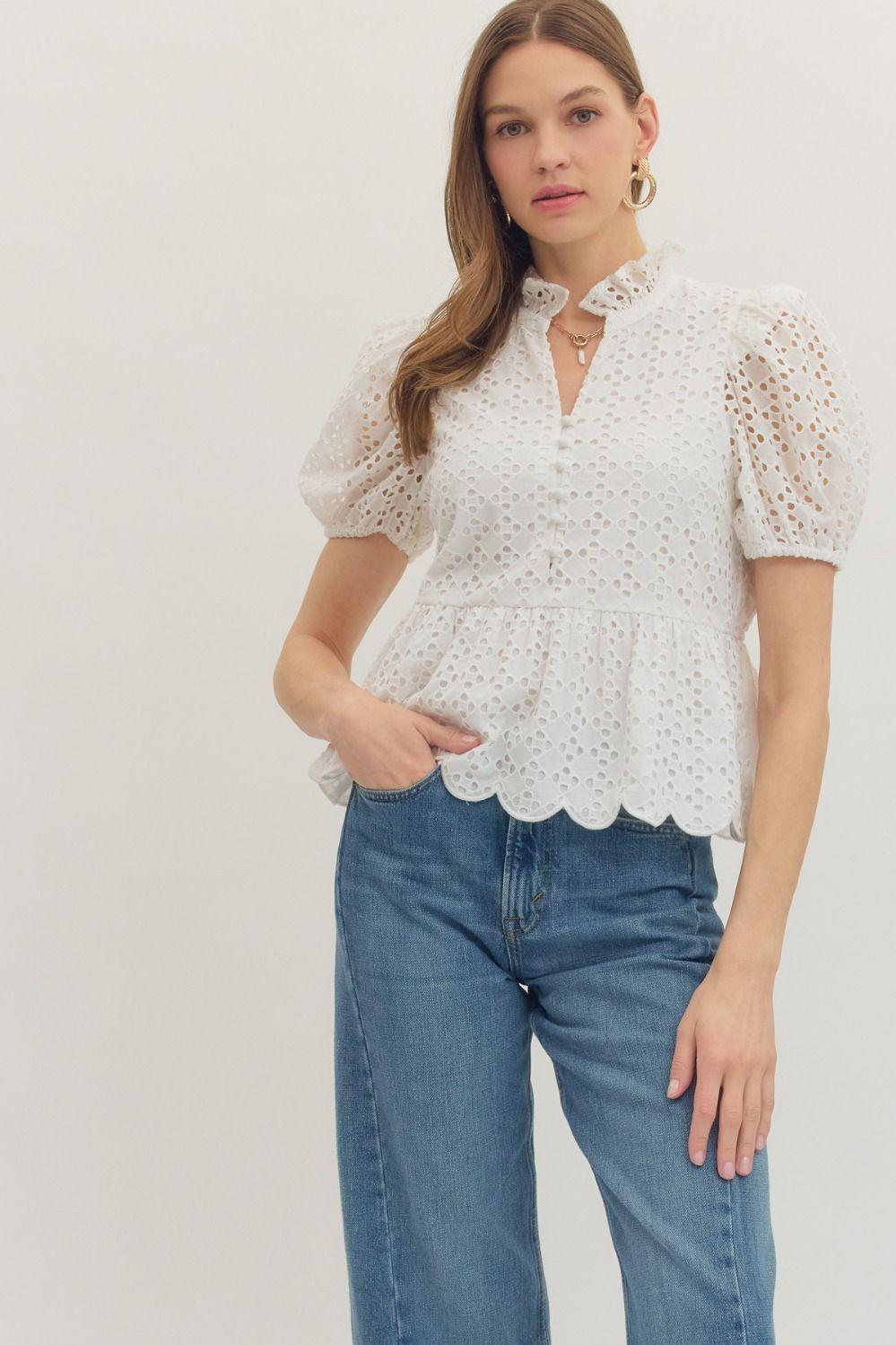Short Puff Sleeve Eyelet Emroidered Top