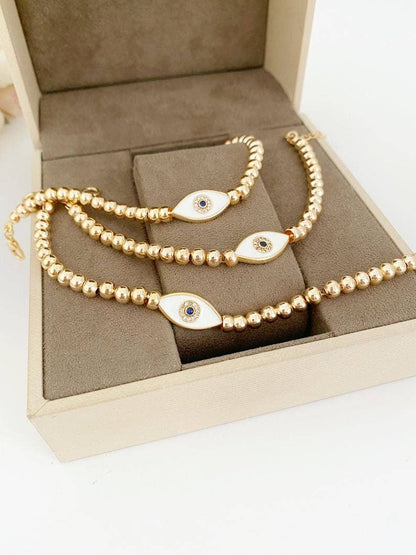 White Evil Eye Bracelet, Waterproof Bracelet, Gold Beaded Br