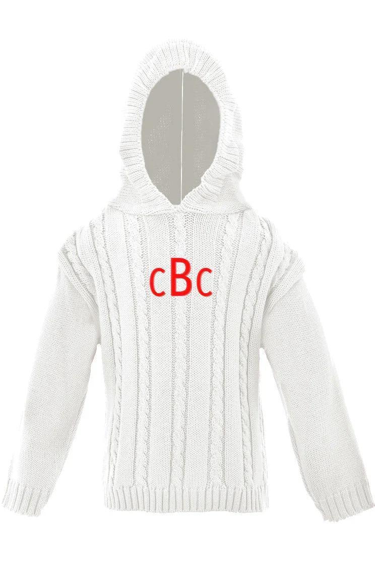 Monogrammed Cable Knit Hooded Zip Back Sweater