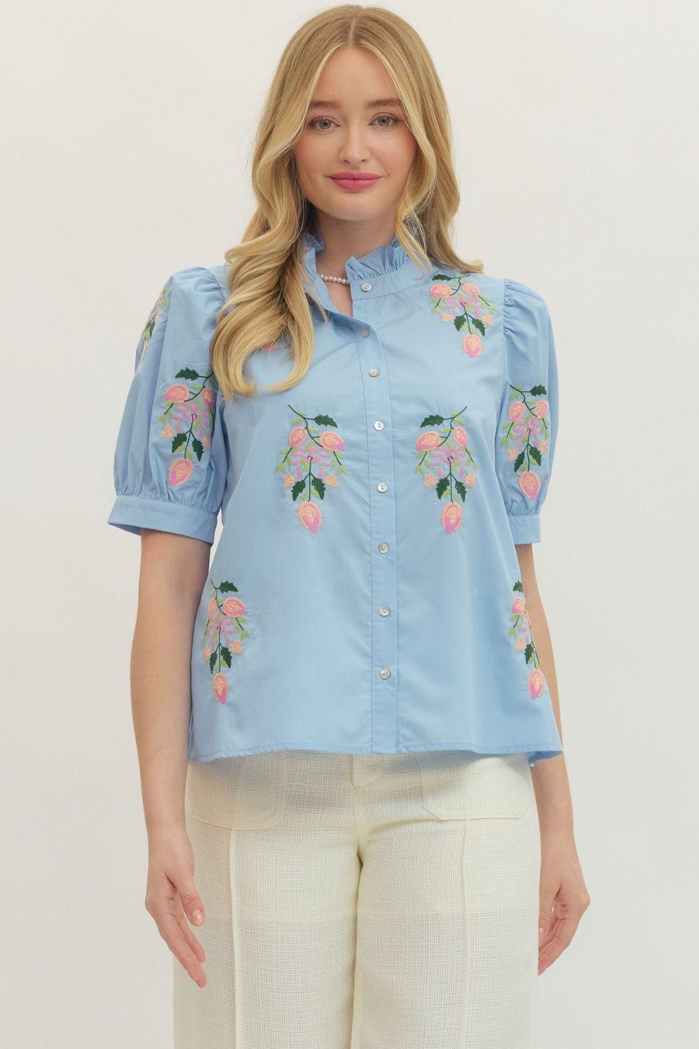 Chambray Solid Short Puff Sleeve Embroidered Top