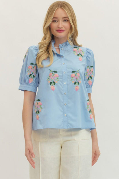 Chambray Solid Short Puff Sleeve Embroidered Top