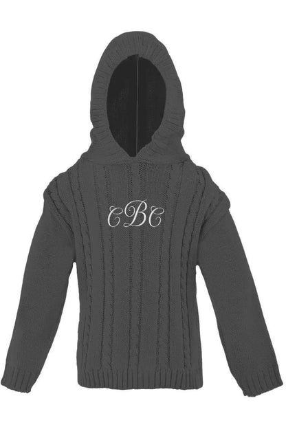Monogrammed Cable Knit Hooded Zip Back Sweater
