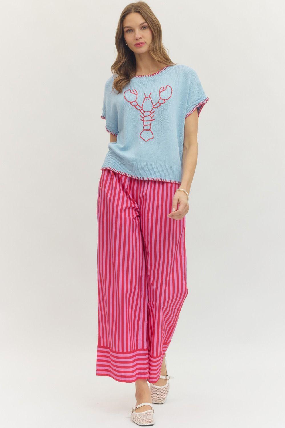 Lobster Embroidered Short Sleeve Knit Top