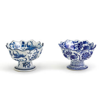 Blue & White Scalloped Edge Hand-Painted Footed Bowl