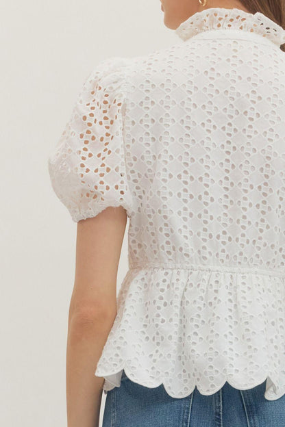 Short Puff Sleeve Eyelet Emroidered Top