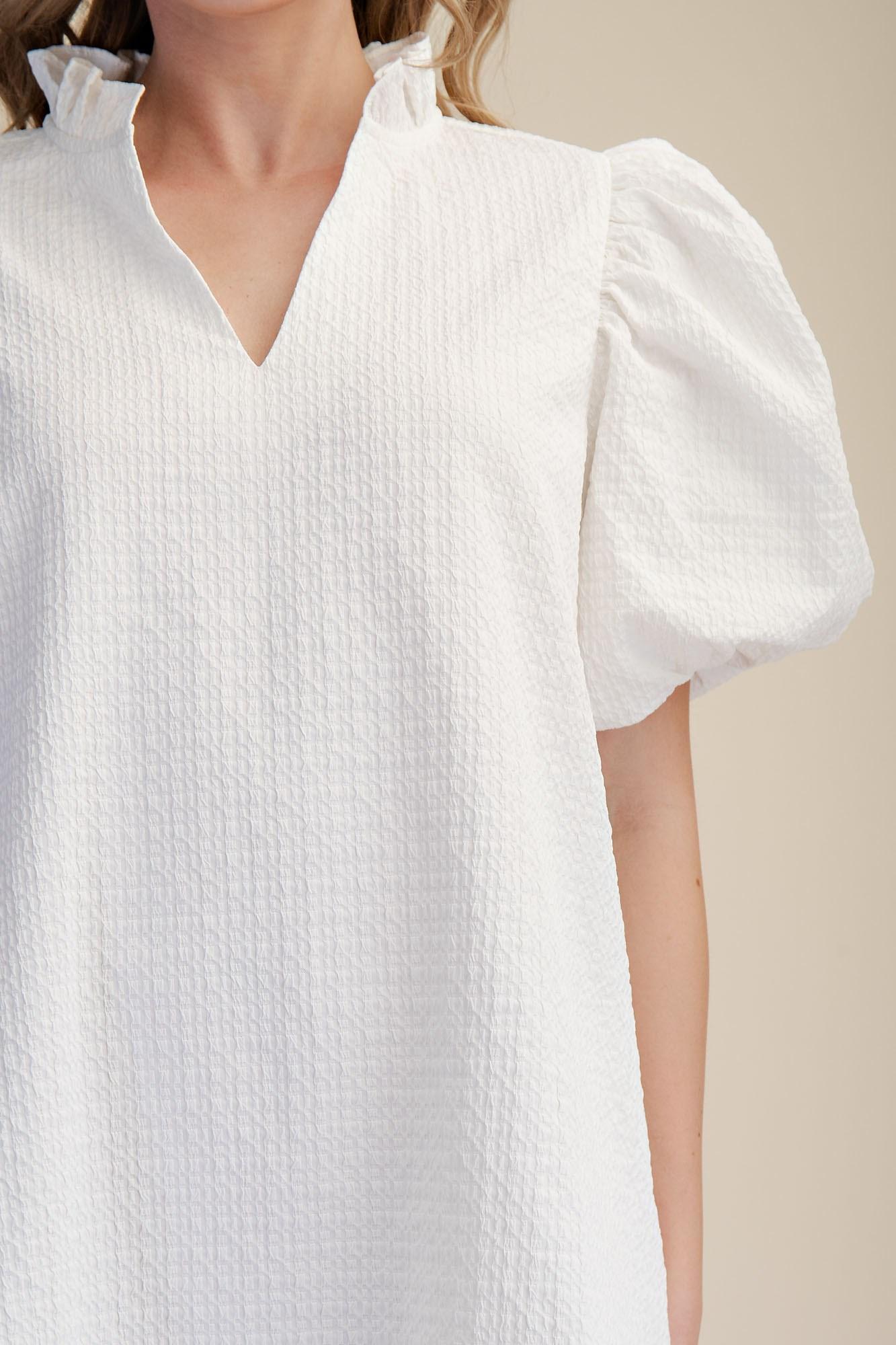 Textured Fabric Ruffle V-Neck Puff Sleeve Mini Dress