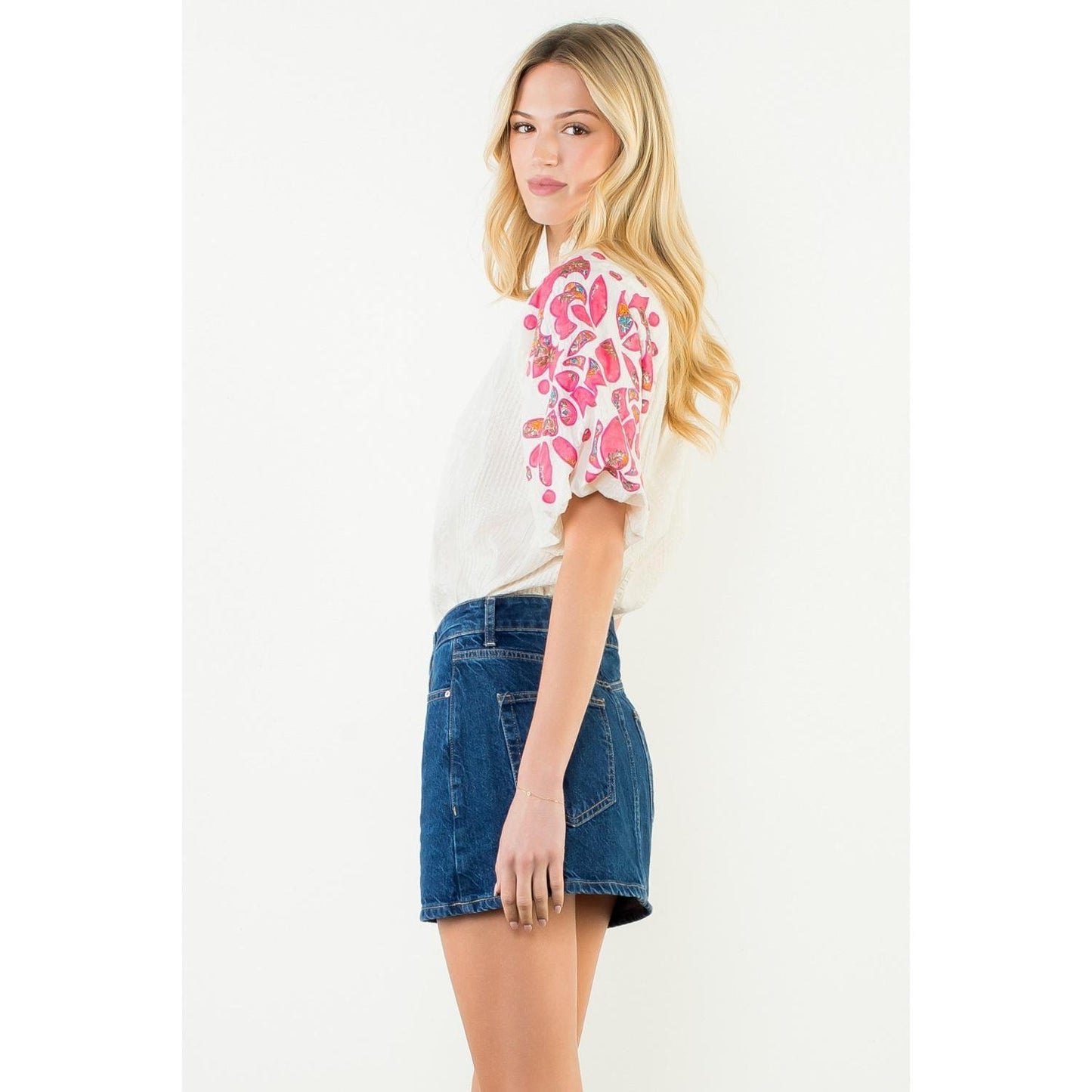 Floral Pattern Puff Sleeve V-Neck Top