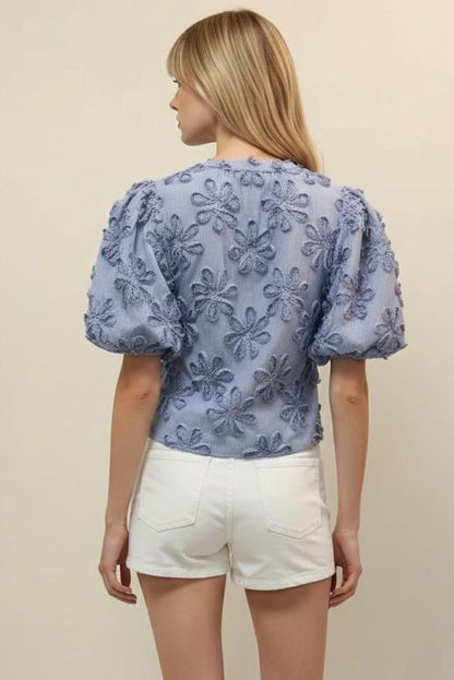 STRIPED FLORAL EMBROIDERED BLOUSE TOP