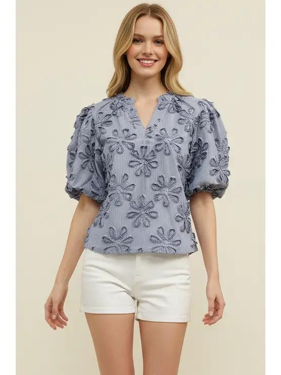 STRIPED FLORAL EMBROIDERED BLOUSE TOP