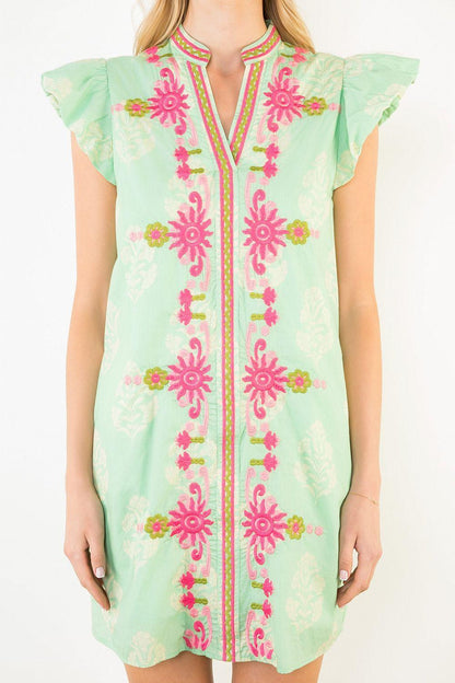Flutter Sleeve Floral Embroidery Detail Dress