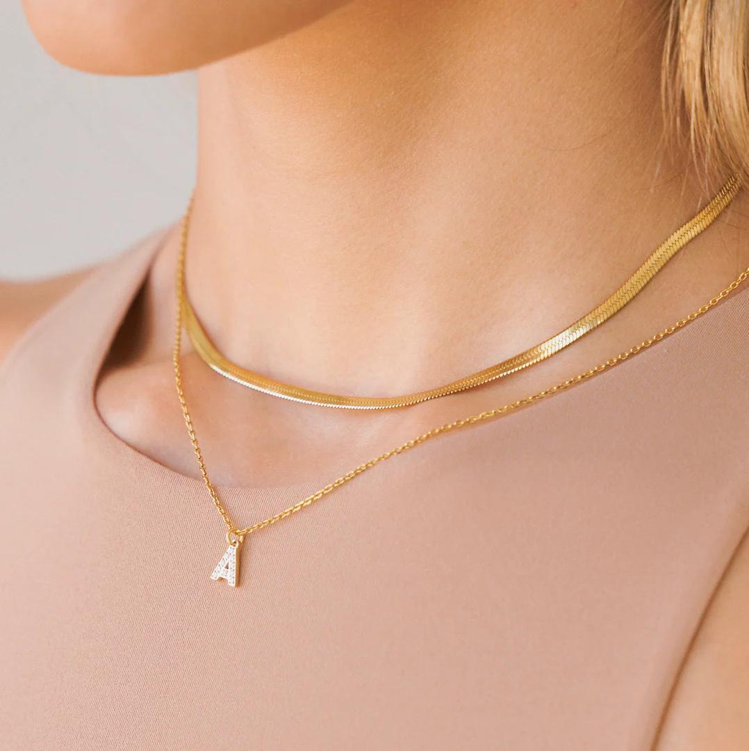Mini Crystal Initial Charm Necklace- Waterproof