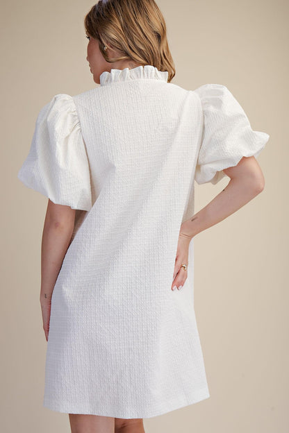 Textured Fabric Ruffle V-Neck Puff Sleeve Mini Dress