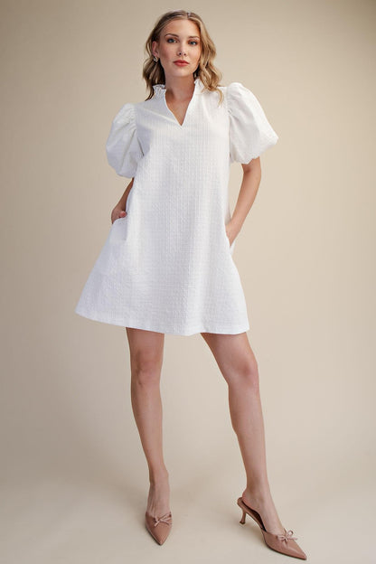 Textured Fabric Ruffle V-Neck Puff Sleeve Mini Dress