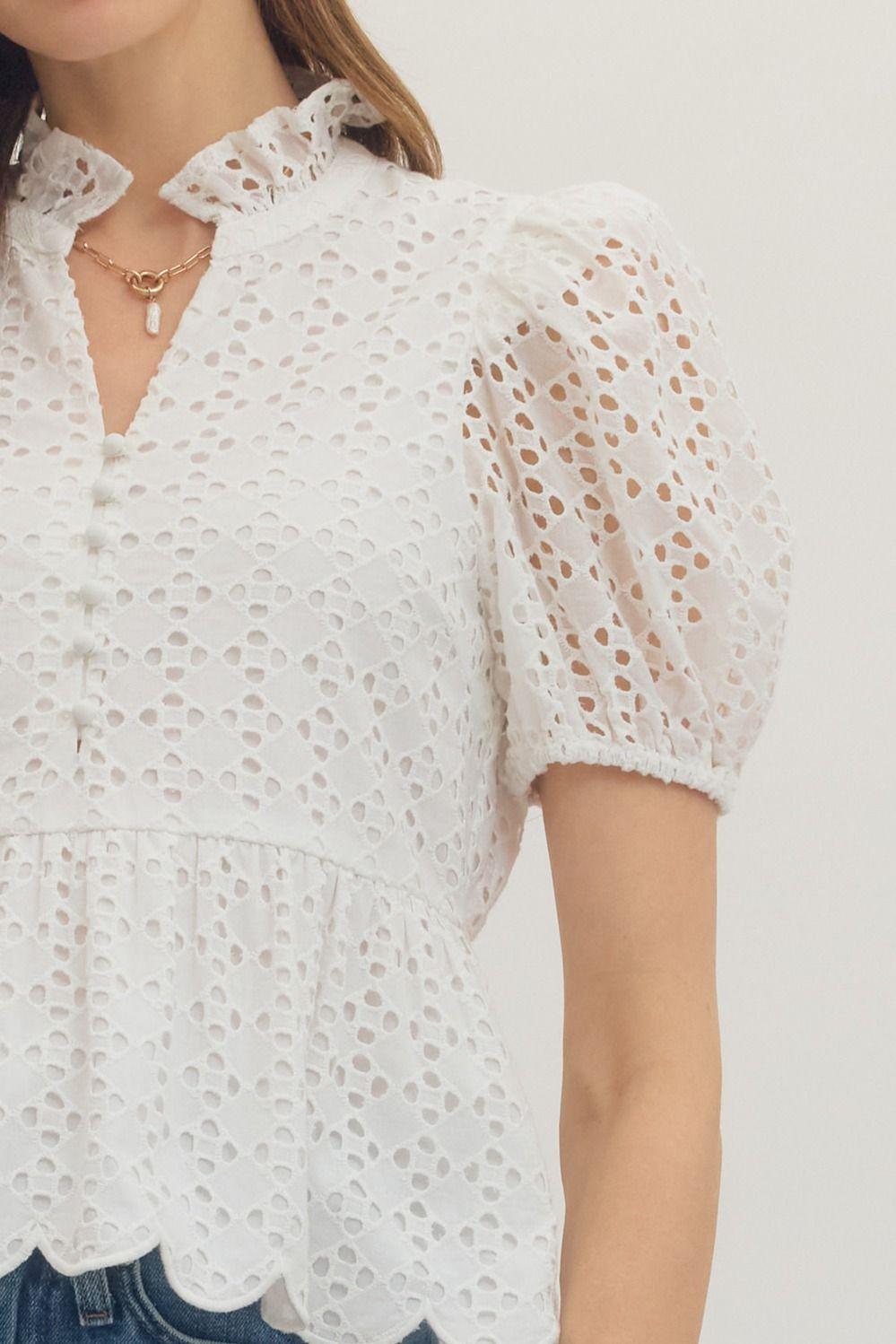 Short Puff Sleeve Eyelet Emroidered Top