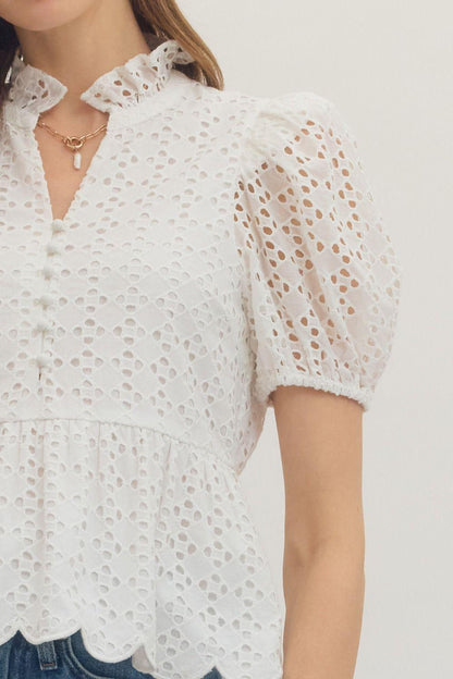 Short Puff Sleeve Eyelet Emroidered Top