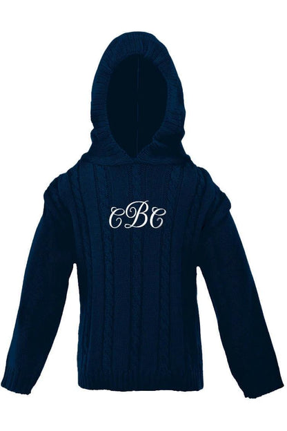 Monogrammed Cable Knit Hooded Zip Back Sweater