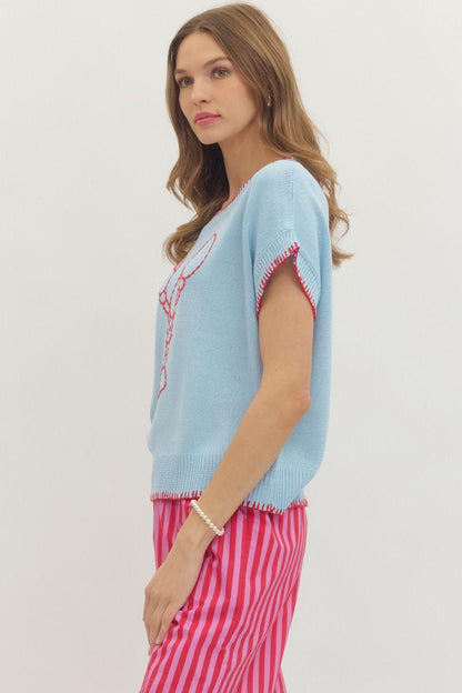 Lobster Embroidered Short Sleeve Knit Top