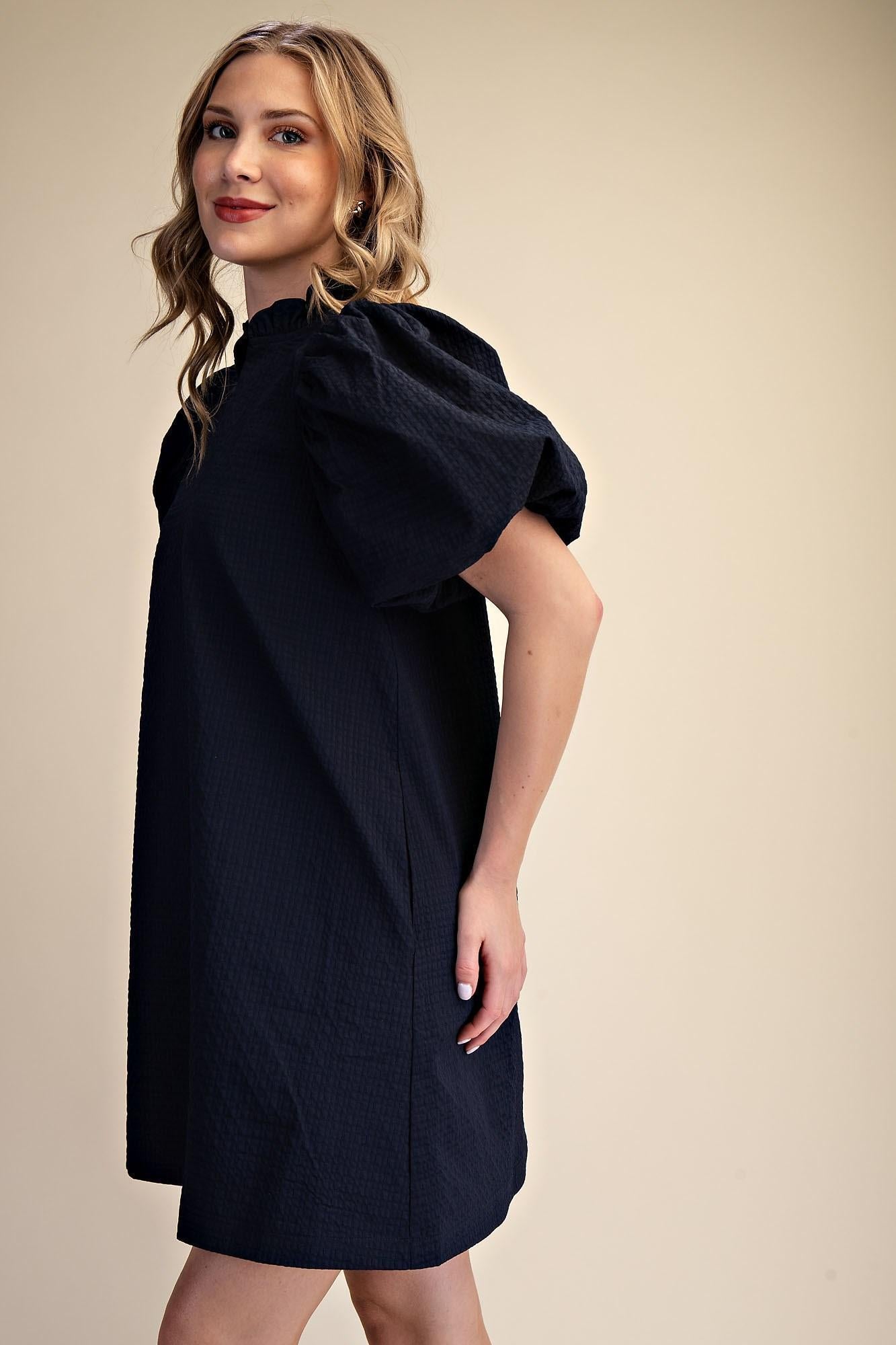 Textured Fabric Ruffle V-Neck Puff Sleeve Mini Dress